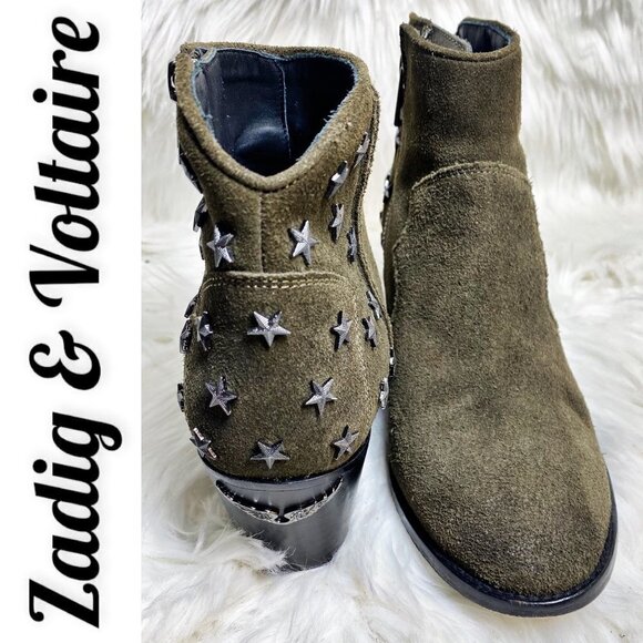 ZADIG & VOLTAIRE Molly Olive Green Suede Ankle Boot With Silver Stars, Size 39 - Picture 1 of 10
